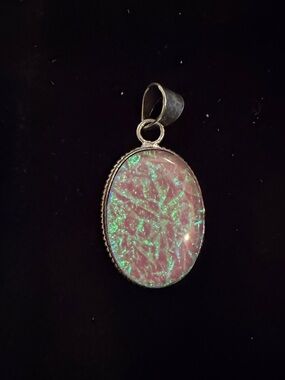 Iridescent Pink Opal-Effect Oval Pendant Necklace
